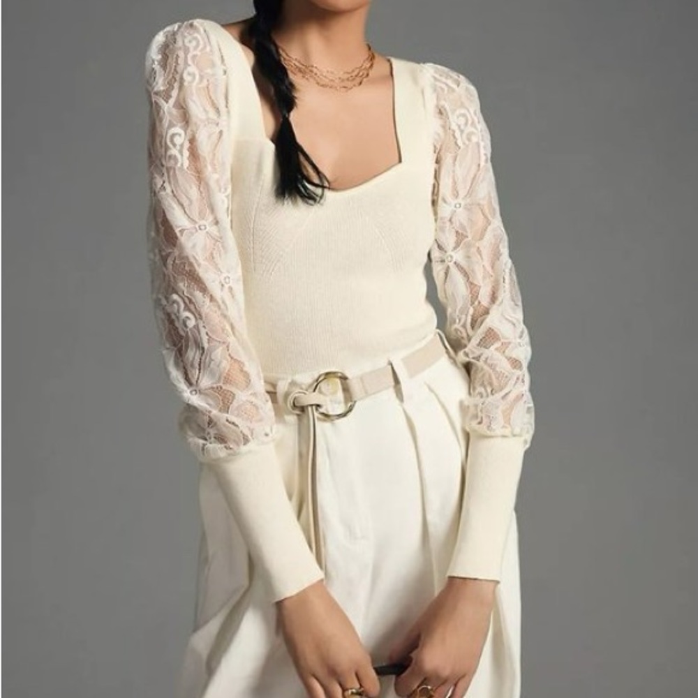 Anthropologie Lace Balloon Sleeve Ribbed Sweater Ivory Cream White XS
